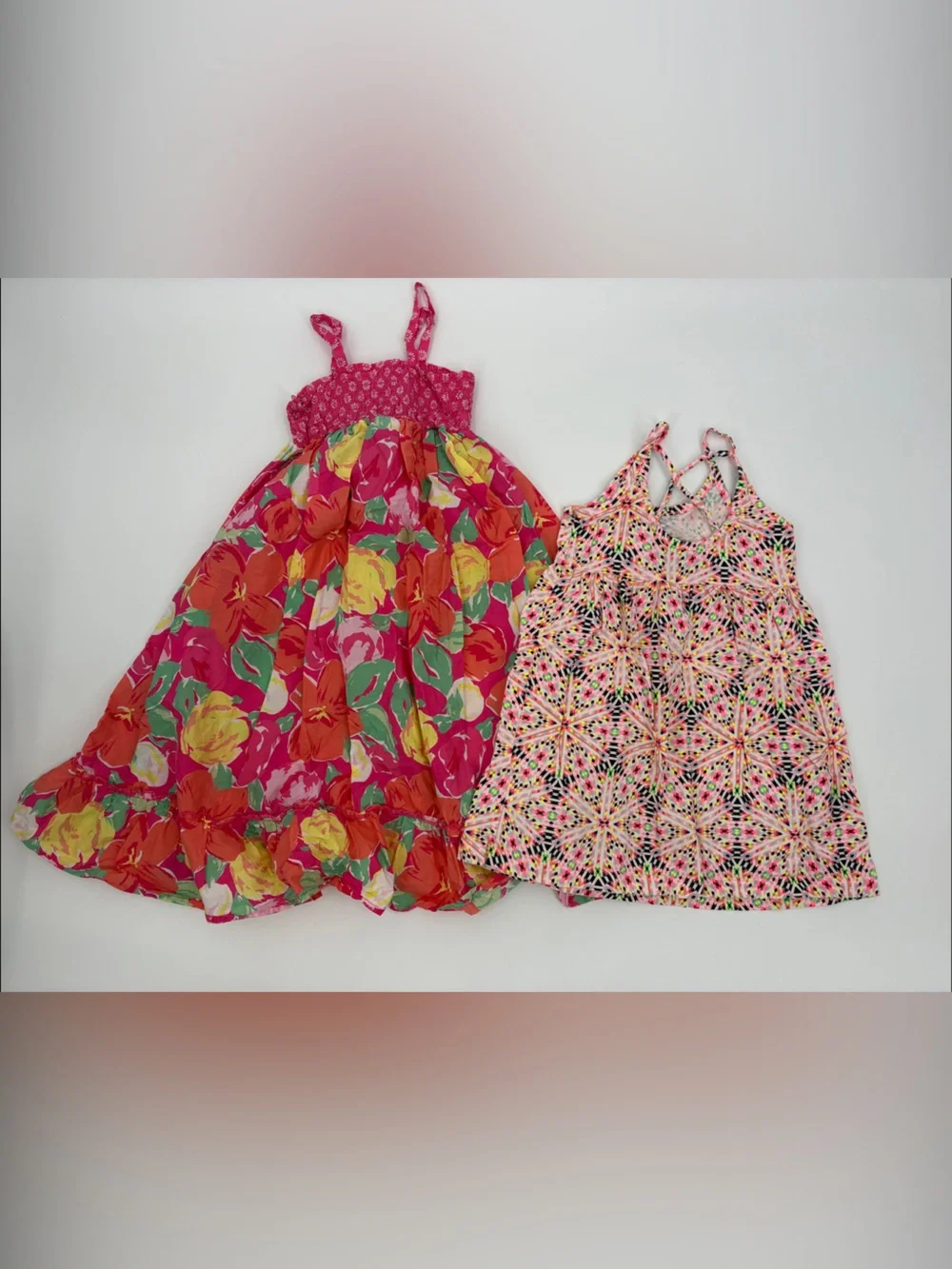 Girls Floral & Geometric Tank Dresses — Pink Multicolor